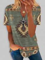 Round Neck Casual Loose Ethnic Geometric Print Short-sleeved T-shirt