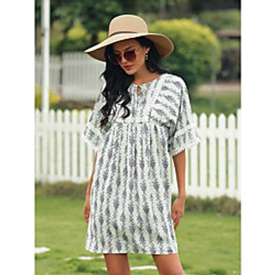 Women's Loose Short Mini Dress Blue Short Sleeve Print Summer Casual / Daily Loose 2021 M L XL 2XL 3XL miniinthebox