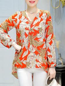 Casual Leaves Print Irregular Hem Chiffon Long Sleeve Tops