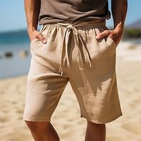 Men's Shorts Linen Shorts Summer Shorts Pocket Drawstring Elastic Waist Plain Comfort Breathable Short Casual Daily Holiday Linen Cotton Blend Fashion Classic Style White Yellow Lightinthebox - thumbnail