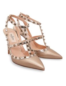 Metallic Strap Rockstud Pumps - Beige