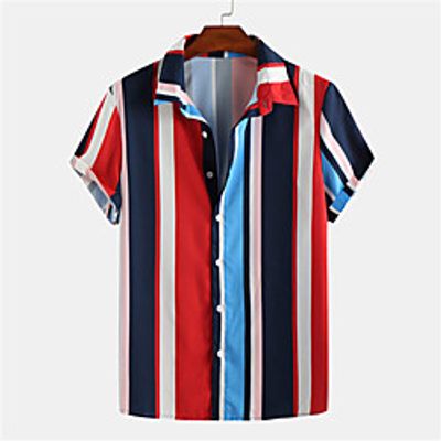 Men's Shirt Striped Button-Down Short Sleeve Casual Tops Lightweight Casual Fashion Breathable Blue Red Brown miniinthebox