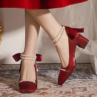 Women's Heels Wedding Shoes Dress Shoes Sparkling Shoes Ankle Strap Heels Wedding New Year Bridal Shoes Bowknot Imitation Pearl Chunky Heel Square Toe Elegant Fashion Minimalism PU Ankle Strap Red Lightinthebox