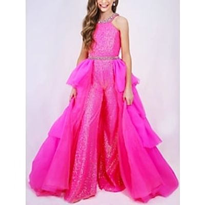 Jumpsuits Sweep  Brush Train Flower Girl Dress Wedding Party Girls Cute Prom Dress Organza with Beading Glitter  Sparkle Fit 3-16 Years Lightinthebox