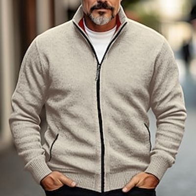 Men's Cardigan Sweater Zip Sweater Chunky Cardigan Ribbed Knit Cropped Pocket Knitted Color Block Stand Collar Warm Ups Modern Contemporary Casual Daily Wear Clothing Apparel Fall Winter Black Red S miniinthebox