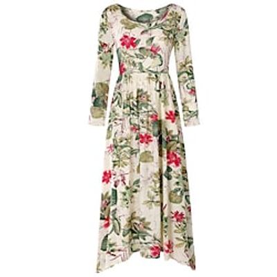 amazon wish independent station europe and the united states hot-selling long skirt retro floral print long-sleeved round neck dress female miniinthebox