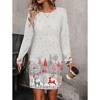 Women's Christmas Dress Sweatshirt Dress Mini Dress Active Fashion Outdoor Christmas Vacation Crew Neck Print Christmas Tree Snowflake Loose Fit Wine Blue S M L XL XXL Lightinthebox - thumbnail