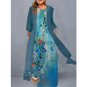 Women's Plus Size Casual Dress Dress Set Two Piece Dress Animal Butterfly Long Dress Maxi Dress 3/4 Length Sleeve Print Crew Neck Fashion Daily Blue Green Spring Summer L XL XXL 3XL 4XL miniinthebox