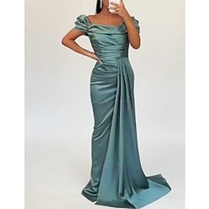 Mermaid  Trumpet Evening Gown Elegant Dress Wedding Guest Black Tie Sweep  Brush Train Sleeveless Square Neck Satin with Ruched Overskirt 2023 Lightinthebox