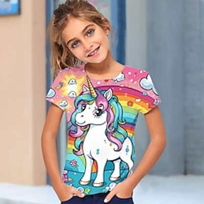 Girls' T shirt Short Sleeve T shirt Tee Graphic Rainbow Unicorn 3D Print Active Fashion Cute Polyester Outdoor Casual Daily Kids Crewneck 3-12 Years 3D Printed Graphic Regular Fit Shirt miniinthebox