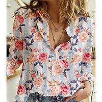 Women's Floral Theme Blouse Shirt Floral Graphic Long Sleeve Button Print Shirt Collar Casual Streetwear Tops Blue Lightinthebox - thumbnail
