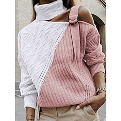 Women's Turtleneck Cable Pink Sweater Jumper Knit Acrylic Patchwork Knitted Cold Shoulder Fall Winter Regular Outdoor Daily Going out Streetwear Stylish Casual Long Sleeve Color Block Pink Brown Lightinthebox