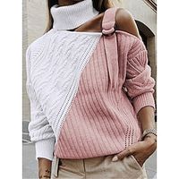 Women's Turtleneck Cable Pink Sweater Jumper Knit Acrylic Patchwork Knitted Cold Shoulder Fall Winter Regular Outdoor Daily Going out Streetwear Stylish Casual Long Sleeve Color Block Pink Brown Lightinthebox - thumbnail