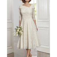 A-Line Mother of the Bride Dress Wedding Guest Little White Dresses Elegant Scoop Neck Tea Length Lace 34 Length Sleeve with Pleats Crystals 2023 Lightinthebox - thumbnail