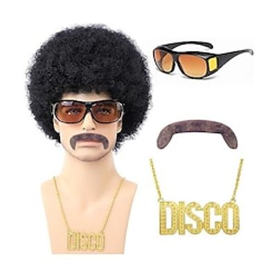 70s Afro Wig for Men with Mustache Glasses and Disco Chain Short Black Curly Afro Wig 70s 80s Rock Synthetic Hair Wig for Hippie Rocker Costume Cosplay Halloween Party Lightinthebox