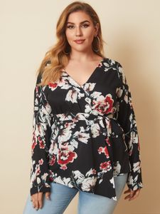 Plus Size V-neck Floral Print Belt Design Wrap Design Long Sleeves Blouse