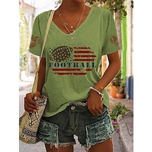 Women's T shirt Tee Football Is My Favorite Season American Flag Casual Weekend Painting T shirt Tee Short Sleeve Print V Neck Basic Green White Black S miniinthebox