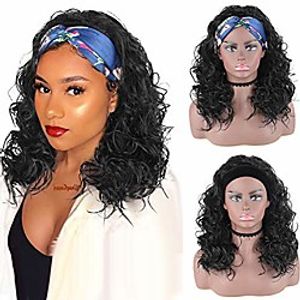 aisaide body wave headband wigs for black women,loose wave headband wig long curly wig headwrap wig wrap wig black synthetic natural wave wig turban wig with headband attached (1b#) miniinthebox
