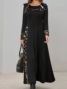 Casual Leopard Stitching Crew Neck Long Sleeves Maxi Dress