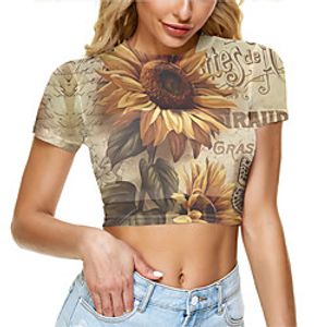 Women's Crop Tshirt Floral Graphic Mesh Print Round Neck Tops Basic Basic Top White Yellow Khaki Lightinthebox