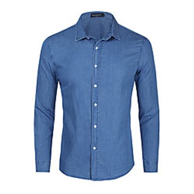 Men's Shirt Solid Color Denim Button-Down Long Sleeve Casual Tops Cotton Casual Nostalgic Comfortable Blue miniinthebox