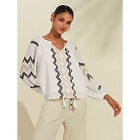 Women's Geometic Casual Daily Puff Sleeve White Printing Long Sleeve Tops V Neck Spring Fall Lightinthebox