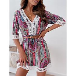 Women's Color Block Lace Patchwork V Neck Mini Dress Bohemia Vintage Daily Vacation 3/4 Length Sleeve Summer Lightinthebox
