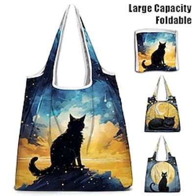 Women's Tote Shoulder Bag Hobo Bag Polyester Outdoor Shopping Daily Print Large Capacity Breathable Foldable Cat Character Navy Blue Royal Blue Dark Blue miniinthebox