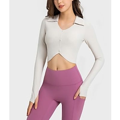 Women's Crop Top Yoga Tops Solid Color Button Thumbhole Ribbed Black White Blue Yoga Fitness V Neck High Elasticity Spring   Fall Lightinthebox