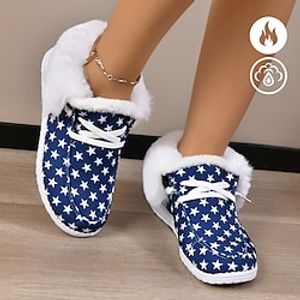 Women's Shoes Star Graphic Print Blue Velvet Warm Lace Up Flats Lightinthebox