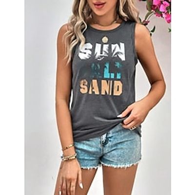 Women's Tank Top Vest Letter Casual Black Gray Print Sleeveless Vacation Tropical Fashion Crew Neck Regular Fit Summer Lightinthebox