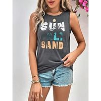 Women's Tank Top Vest Letter Casual Gray Print Sleeveless Vacation Tropical Fashion Crew Neck Regular Fit Summer Lightinthebox