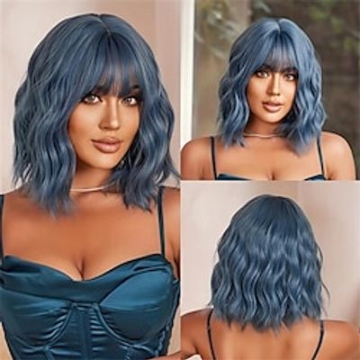 Blue Short Wavy Curly Hair Wigs With Bangs 14 Inch Synthetic Fiber Hair Wigs For Women Elegant Hair Wigs For Daily Party Cosplay Halloween Use Lightinthebox