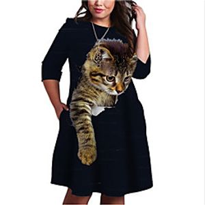 Women's Plus Size Dresses Shift Dress Knee Length Dress 34 Length Sleeve Cat Graphic Animal Print Basic Fall Black Blue XL XXL 3XL 4XL 5XL  Holiday Lightinthebox