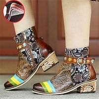 Women's Boots Biker boots Handmade Shoes Vintage Shoes Daily Floral Booties Ankle Boots Winter Buckle Zipper Flower Chunky Heel Round Toe Vintage Casual Comfort Leather Polyester Zipper Brown miniinthebox - thumbnail