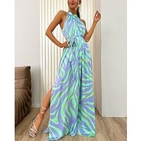 Women's Casual Dress Sundress Geometric Graffiti Print Belted Halter Neck Long Dress Maxi Dress Boho A Line Date Vacation Sleeveless Regular Fit Coral Light Blue Summer Spring S M L XL XXL Lightinthebox - thumbnail