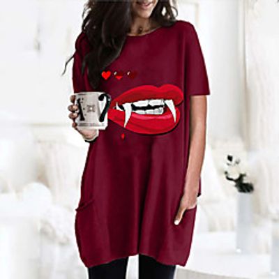 Women's T shirt Dress Graphic Mouth Round Neck Tops Basic Basic Top Black Wine Army Green Lightinthebox