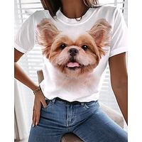 Women's T shirt Tee White Dog 3D Print Short Sleeve Daily Weekend Basic Round Neck Regular Painting S miniinthebox - thumbnail