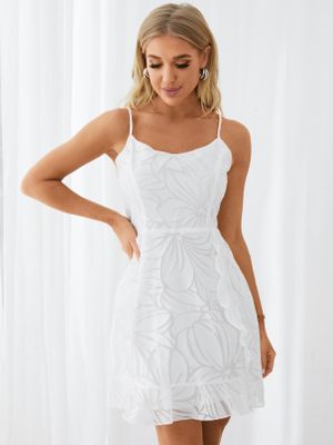 Floral Shirring Ruffle Trim Spaghetti Strap Dress