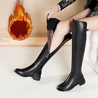 Women's Boots Motorcycle Boots Winter Boots Outdoor Daily Solid Color Fleece Lined Over The Knee Boots Winter Block Heel Chunky Heel Round Toe Elegant Vintage Fashion Faux Leather Zipper Black miniinthebox - thumbnail