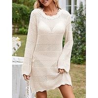 Women's Sweater Dress Crew Neck Ribbed Knit Acrylic Knitted Hole Summer Spring Long Outdoor Daily Going out Stylish Casual Soft Long Sleeve Pure Color Apricot S M L Lightinthebox - thumbnail