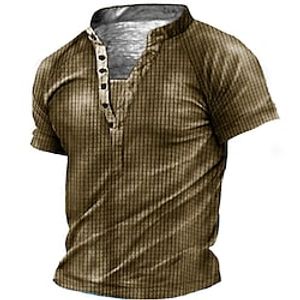 Men's Henley Shirt Tee T shirt Tee 3D Print Graphic Tartan Geometry Plus Size Stand Collar Daily Sports Button-Down Print Short Sleeve Tops Basic Casual Designer Big and Tall Army Green Dark Gray Lightinthebox