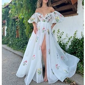 A-Line Prom Dresses Floral Dress Wedding Party Sweep  Brush Train Short Sleeve Off Shoulder Organza Backless with Slit 2023 Lightinthebox