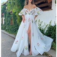 A-Line Prom Dresses Floral Dress Wedding Party Sweep  Brush Train Short Sleeve Off Shoulder Organza Backless with Slit 2023 Lightinthebox - thumbnail