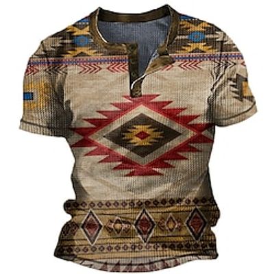 Men's Waffle Henley Shirt Graphic Bohemian Argyle Henley Clothing Apparel 3D Print Outdoor Daily Short Sleeve Button Fashion Designer Basic Lightinthebox