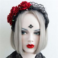 Women Handmade Lace Black Red Rose Flower Cosplay Headband Hair Band