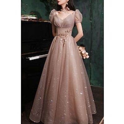 A-Line Prom Dresses Sparkle  Shine Dress Prom Floor Length Short Sleeve V Neck Tulle with Sequin 2023 Lightinthebox
