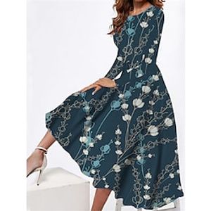 Women's Casual Dress Swing Dress Midi Dress Dark Blue Long Sleeve Floral Pocket Winter Fall Spring Crew Neck Fashion Daily Weekend 2022 S M L XL XXL 3XL Lightinthebox