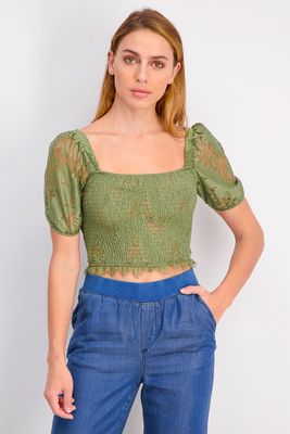 Womens Shirred Lace Crop Top Olive Womens Shirred Lace Crop Top Olive