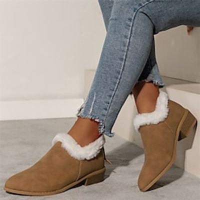Women's Boots Plus Size Daily Fleece Lined Booties Ankle Boots Block Heel Chunky Heel Pointed Toe Plush Casual Comfort PU Zipper Brown Khaki miniinthebox